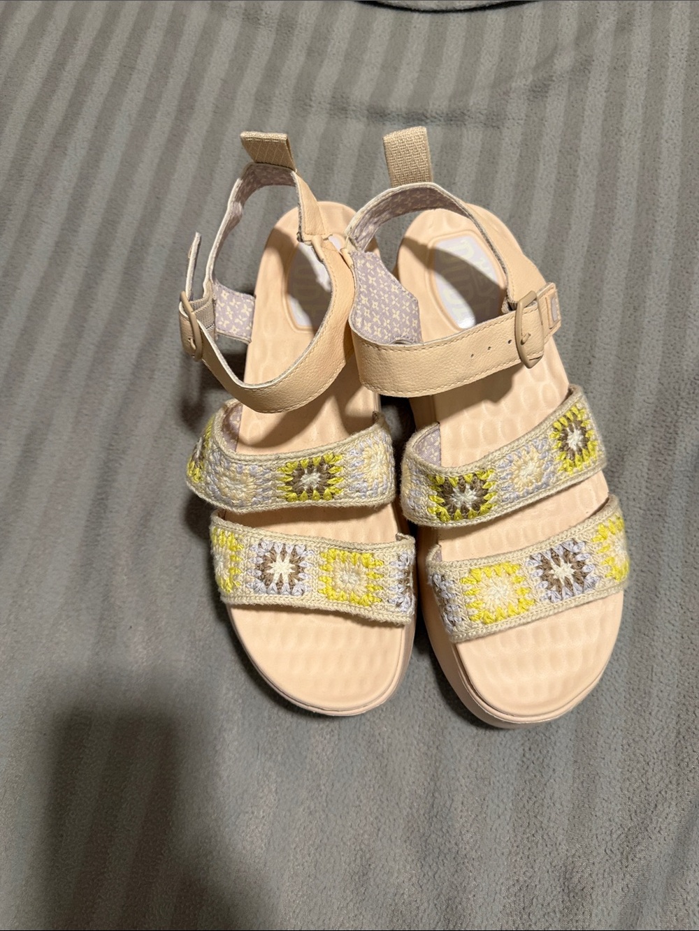 Hey Dude wedge sandals with crocheted accent straps.